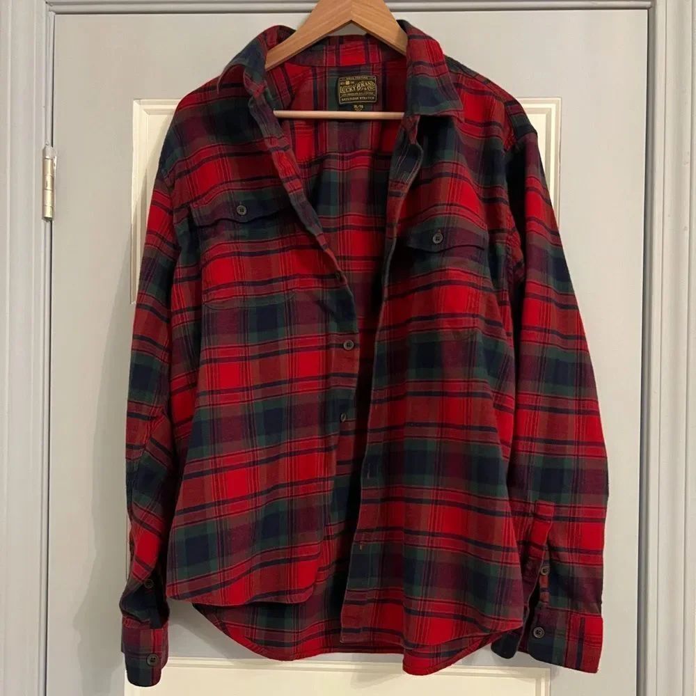 Lucky Brand Men’s Red Green Plaid Flannel Shirt XL Stretch Button Down